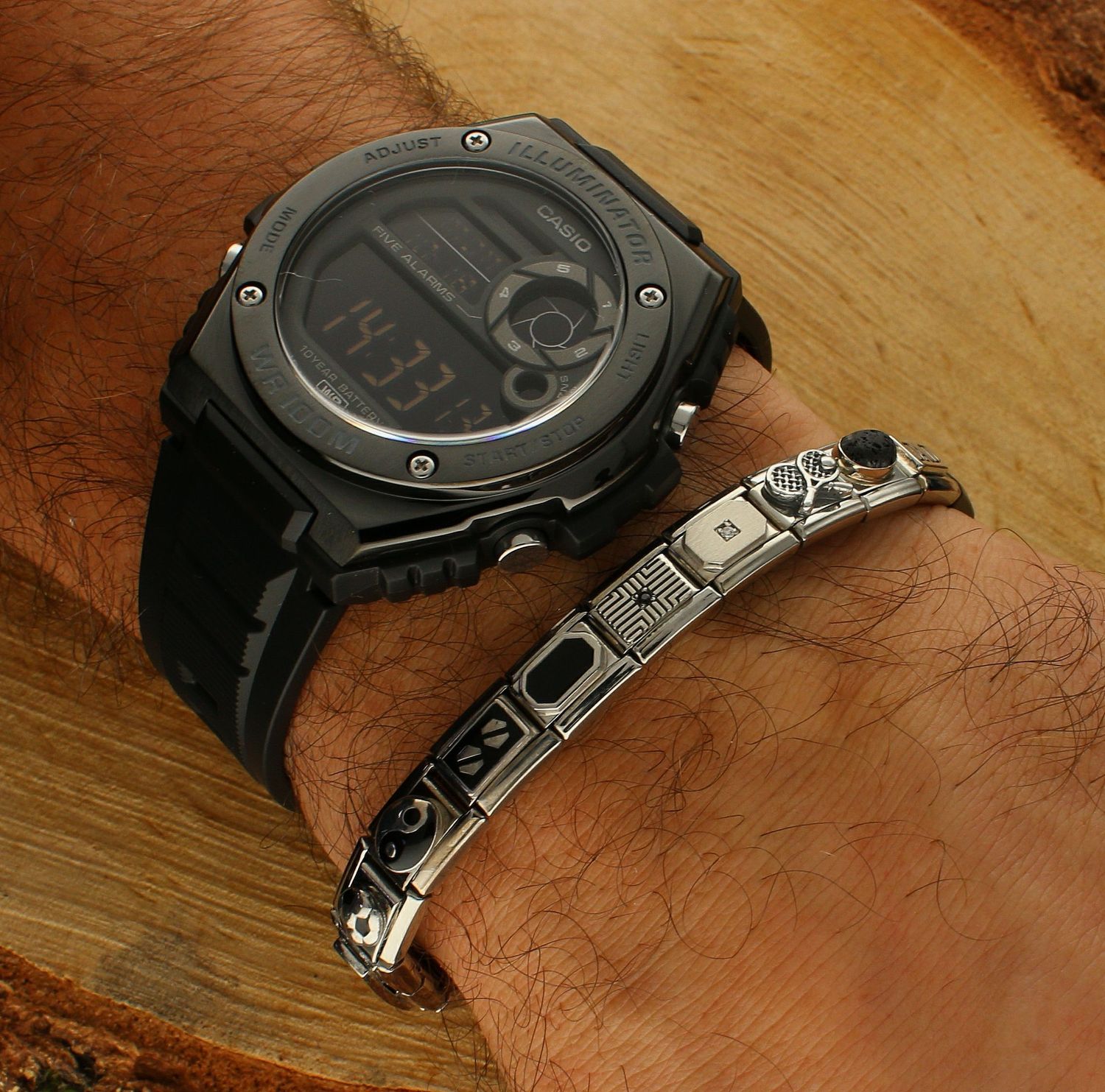 Nomination - Link 925 Srebrny Blaszka z paskami i czarną cyrkonią 330310 08.png